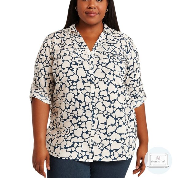 Talbots Womens Nantucket Blouse Shirt Button Novelty Heart Print Plus Size 1X - Picture 1 of 12